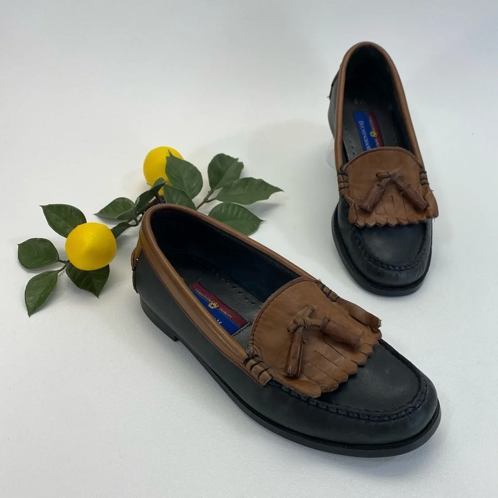 Buckingham Two-Tone Loafers Leather Brown Black Dress Shoe Mens 6.5 Womens 8